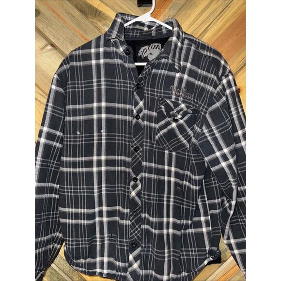 Vintage Y2K No Fear Men's M Button Up flannel Jacket Gray Plaid - Picture 1 of 7
